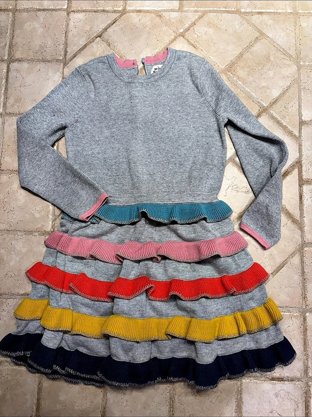 Mini Boden Girls Gray Tiered Ruffle Sweater Dress Size 2-3Y